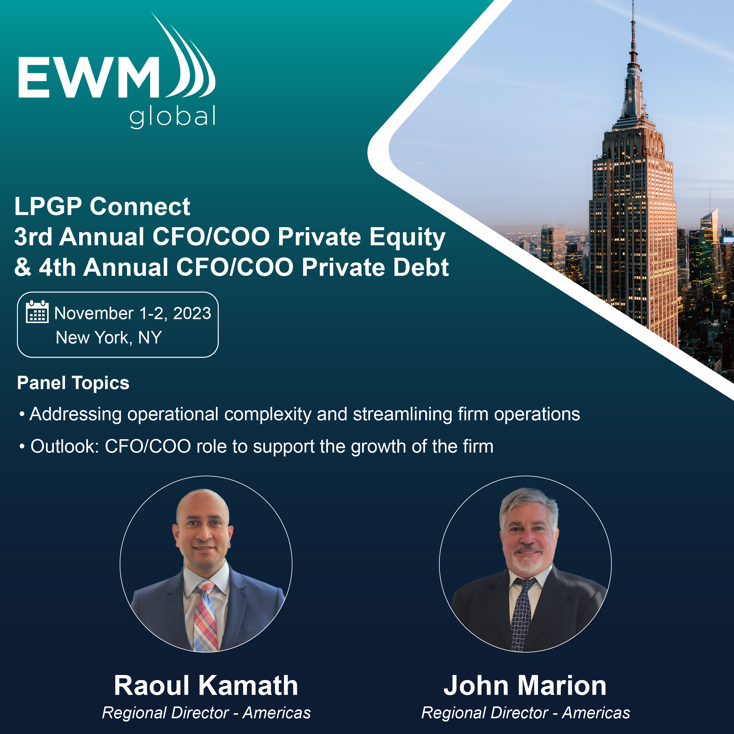 EWM Global to Sponsor LPGP Connect 3rd Annual CFO/COO Private Equity & 4th Annual CFO/COO Private Debt New York Conferences